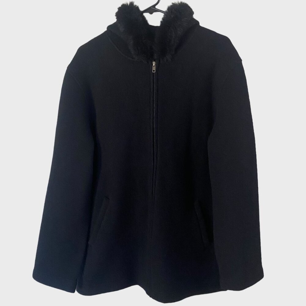 Vintage Jones New York Faux Fur Hooded Full-Zip Wool Jacket Black Women's Large
